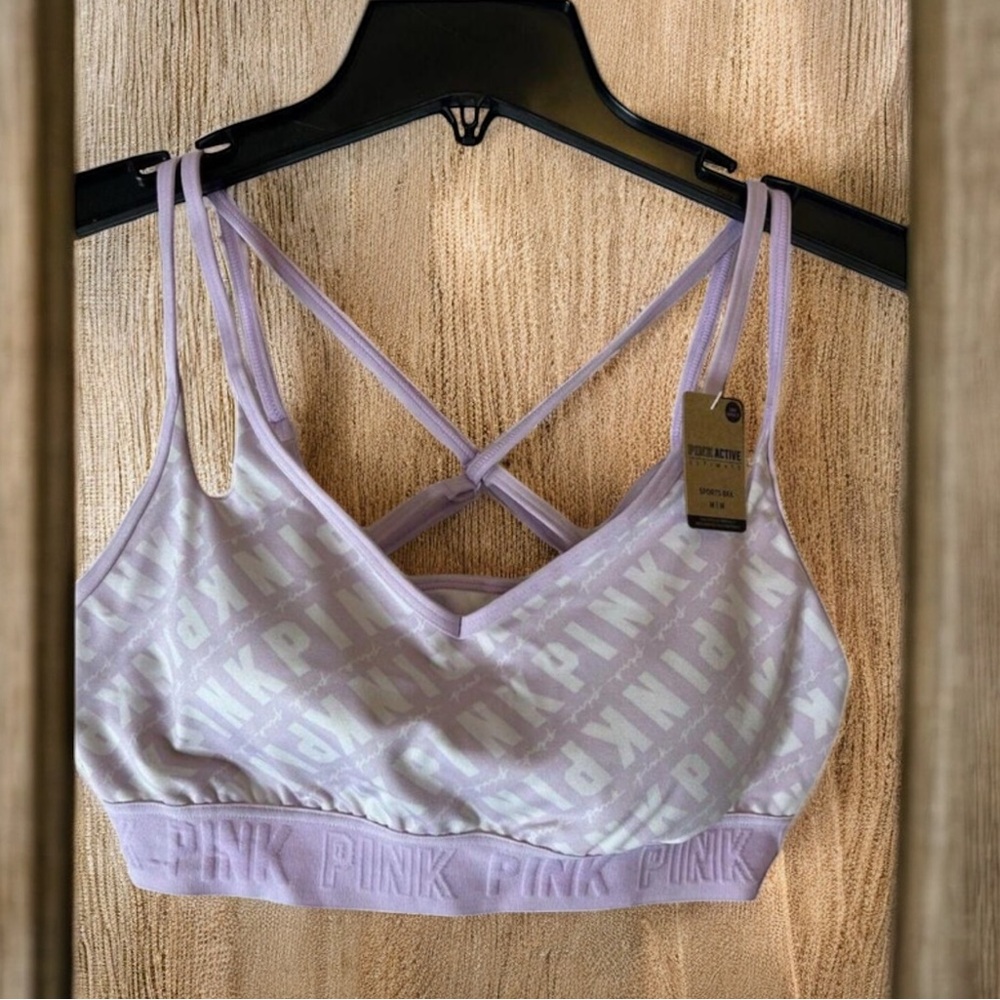 Victoria’s Secret‎ PINK Logo Sports Bra Light Purple White Strappy Size M NWT